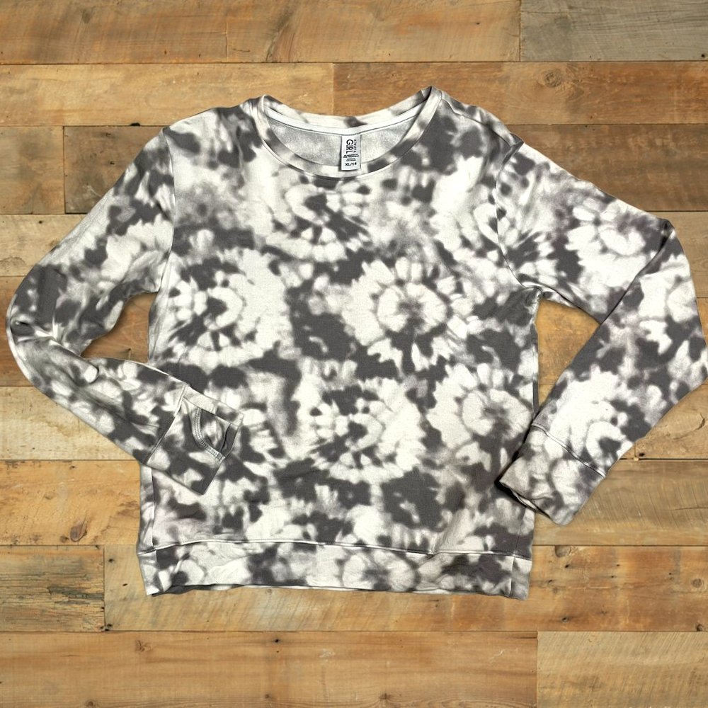 Athleta Girl Rest Day Printed long sleeve gray/ white tie dye shirt size 14 XL